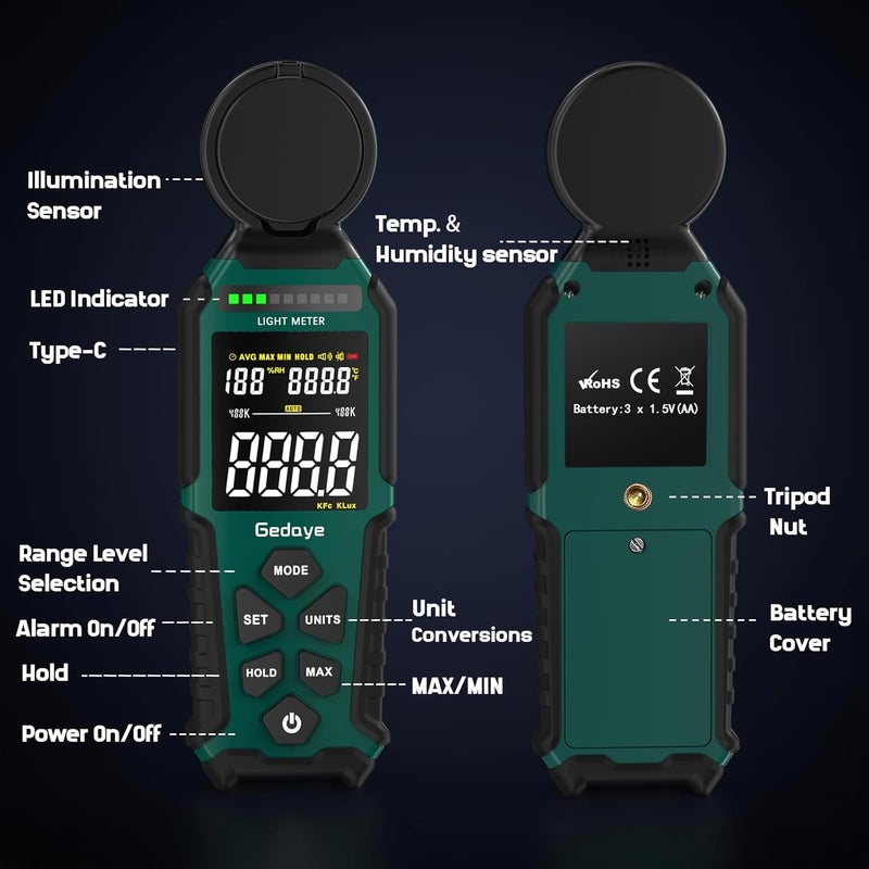 Gedaye Light Meter Lux Foot Candles Meter 0~400,000 Lux Range, Large Backlit Display, Light Meter for Plants Luxmeter Light Meter Digital Illuminance Meter Handheld - Image 2